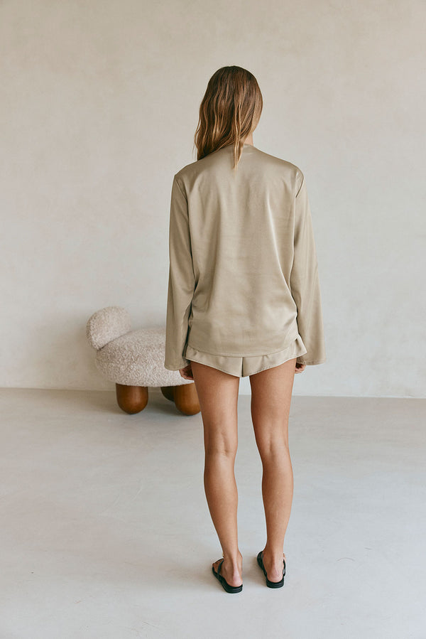 Khaki Silky Long Sleeve Ruched Bindi Top