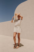 Jayde Flounce Cutout Mini Short Sleeve Dress - Cutwork Print - White