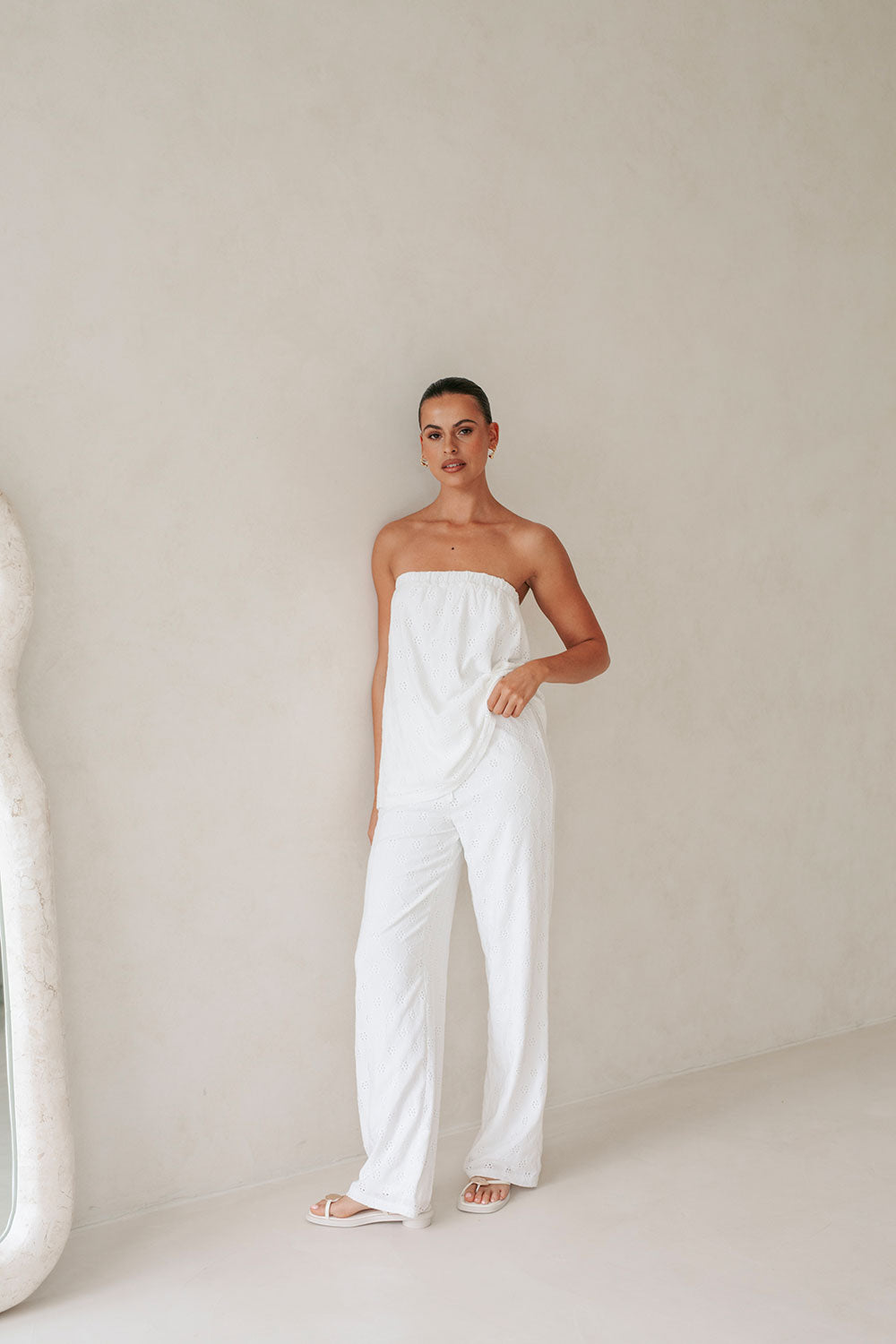 White Elastic Gathered Strapless Ellira Top