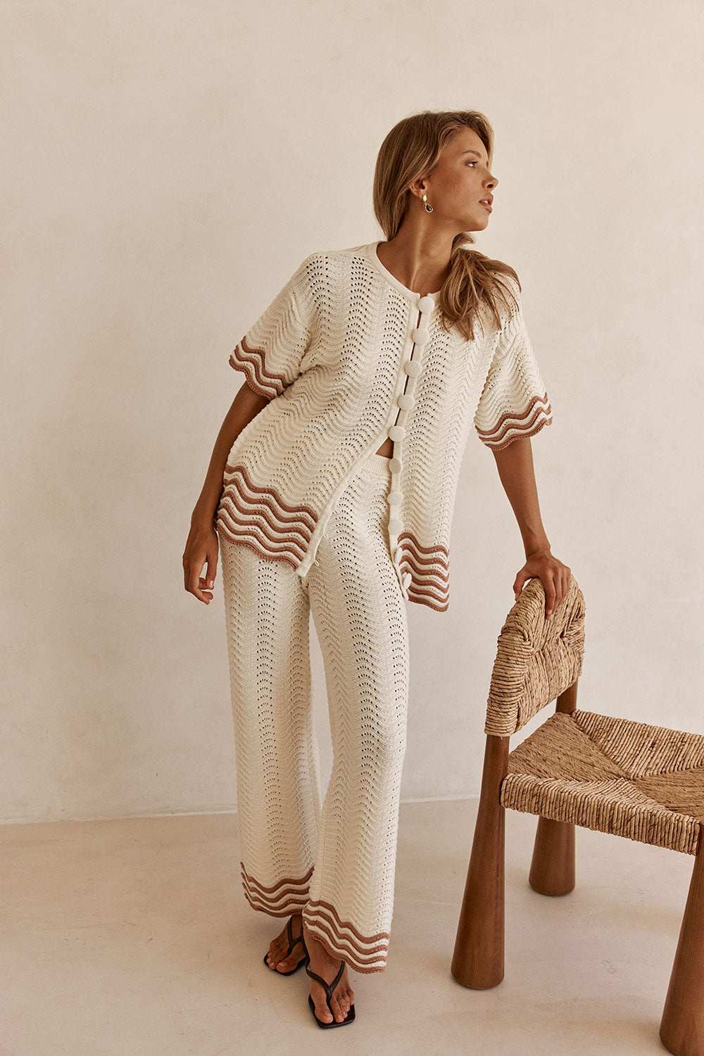 Cream Wavy Cotton Knit Button Up Janaya Top