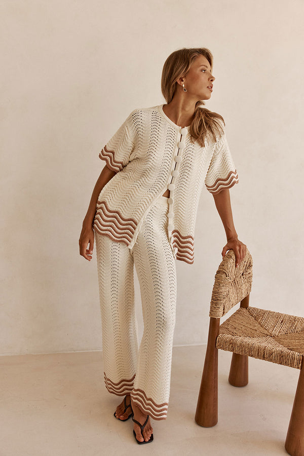 Cream Wavy Cotton Knit Button Up Janaya Top