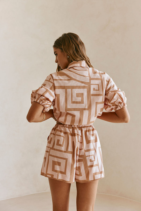 Pink Hellenic Maze Elastic Drawstring Pocket Kira Shorts