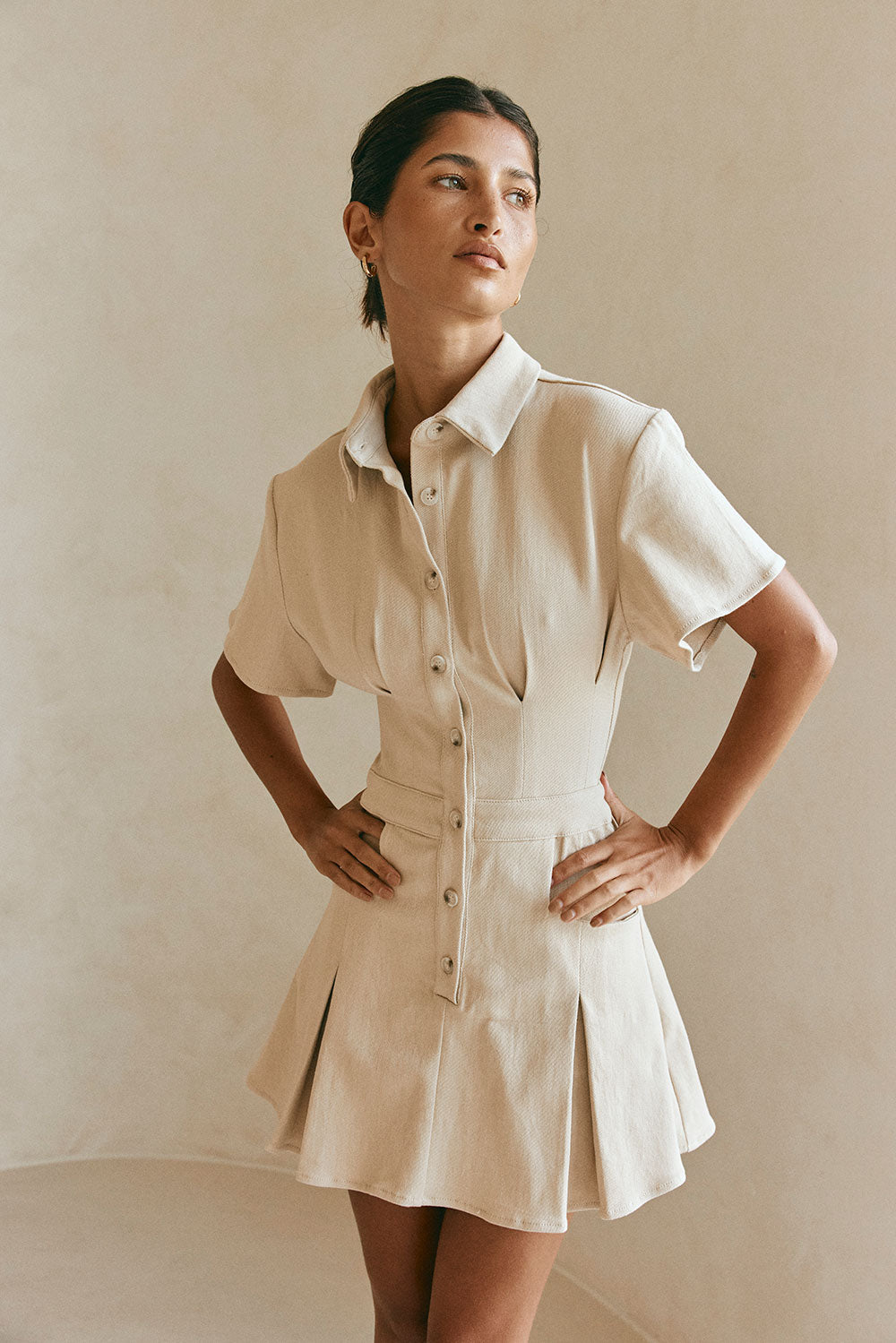 Tan Short sleeve Button Up Collar Mini Dela Dress