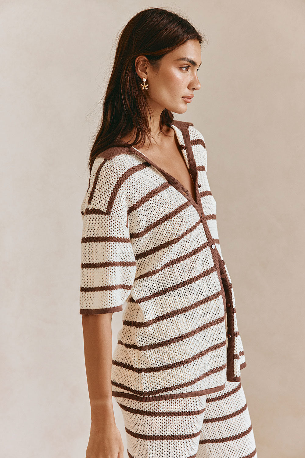 Mia Collared Button Up Short Sleeve Knit Top - Cream, Brown Stripe
