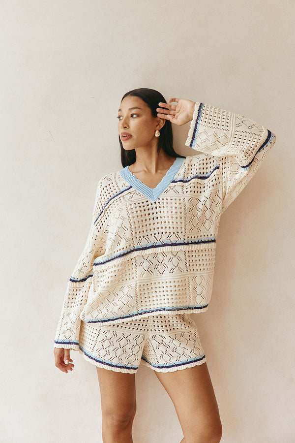 Cream Cotton Crochet Knit Long Sleeve Boxy Balia Top
