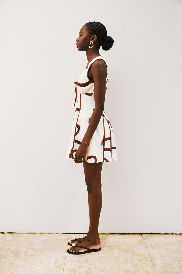 Cream Marbled Mocha Floral V Neck Mini Alfresco Dress