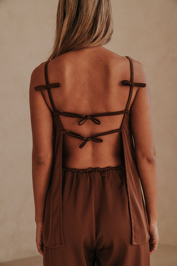 Chocolate Brown Thin Strap Backless Kinsley Jumpsuit