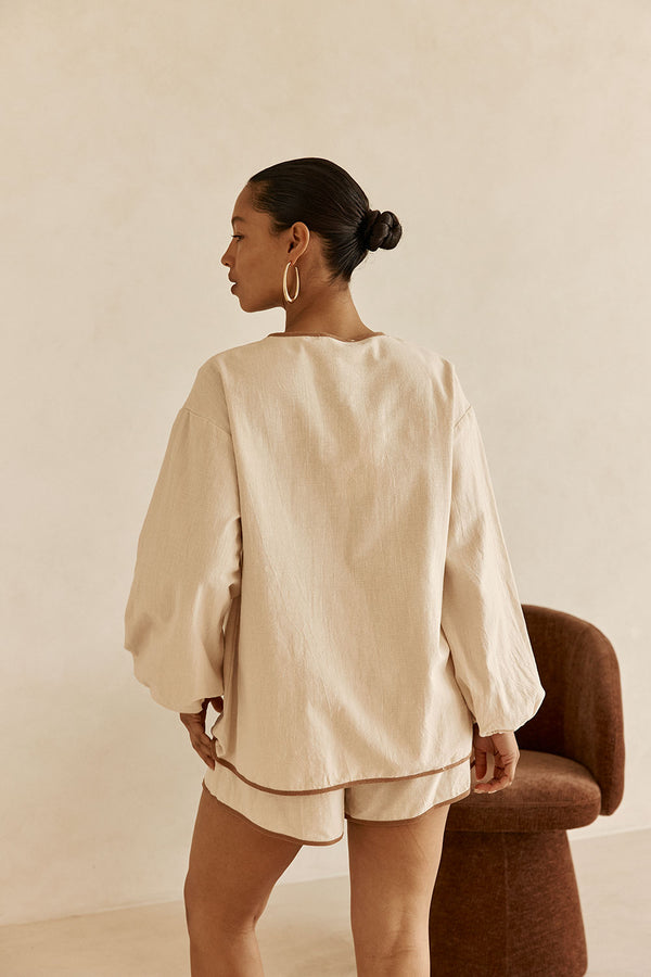 Beige Puff Sleeve Front Tie Paloma Top