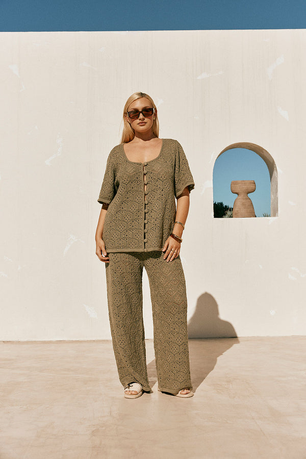 Khaki Green Crochet Knit Button Up Umiko Top