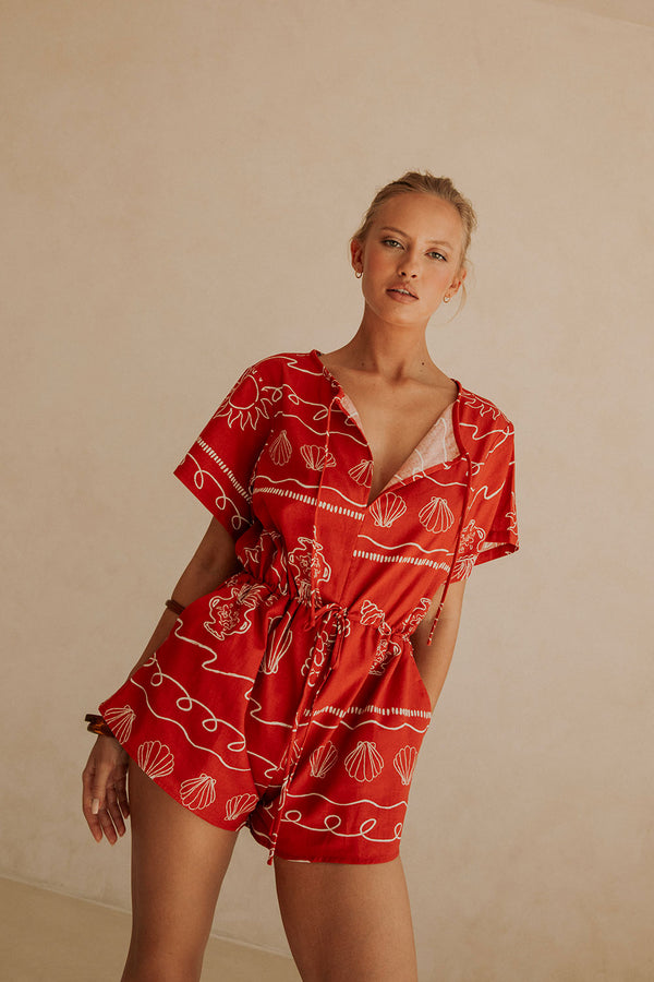 Red Short Sleeve Drawstring Alias Playsuit