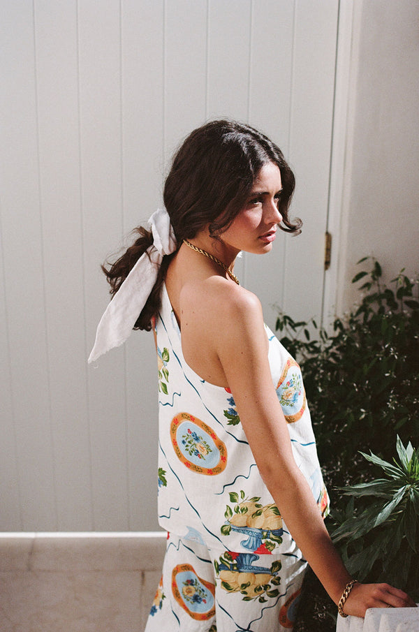 White Trattoria Print One Shoulder Tie Giuliana Top