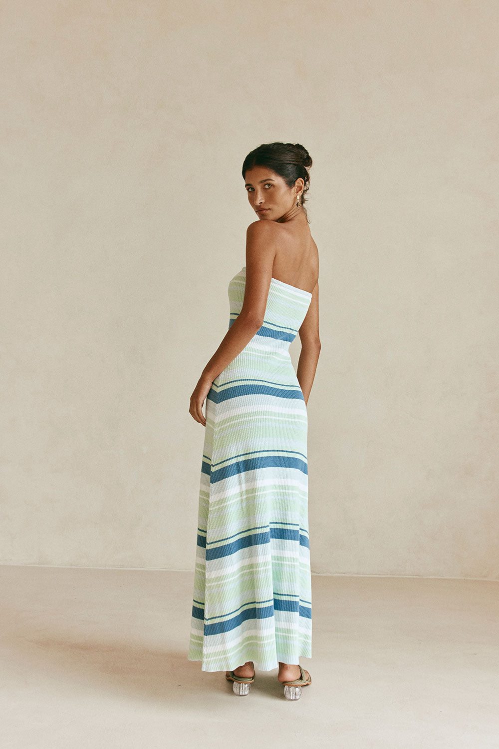 Green and White Stripe Strapless Maxi Anya Dress