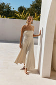 Beige Woven Strapless Pleated A Line Maxi Karalina Dress