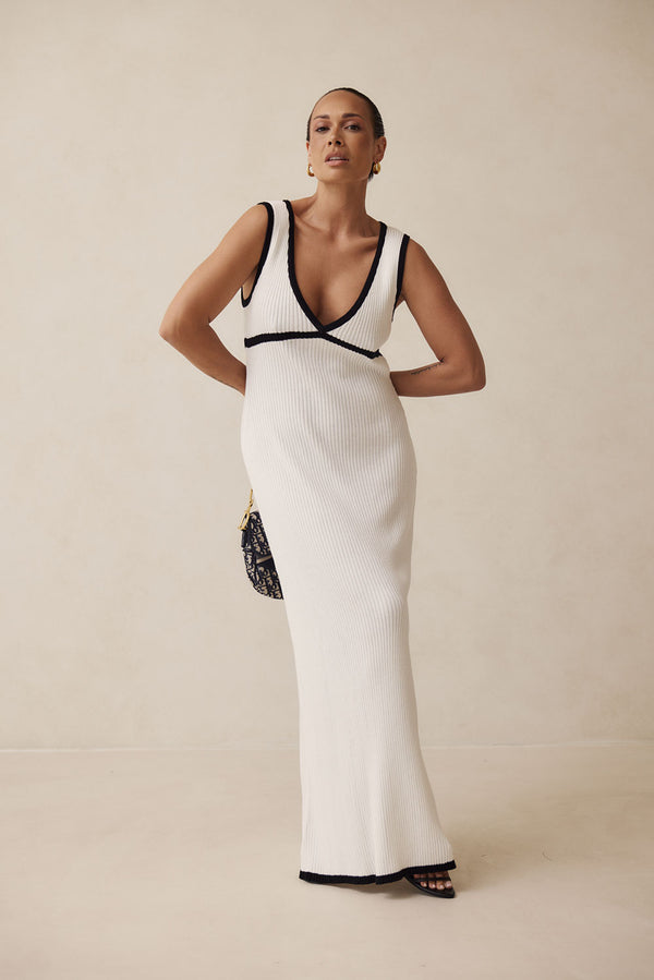 White Knit V Neck Maxi Paragon Dress