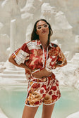 Red Floral Barocca Print Belt Bia Shorts