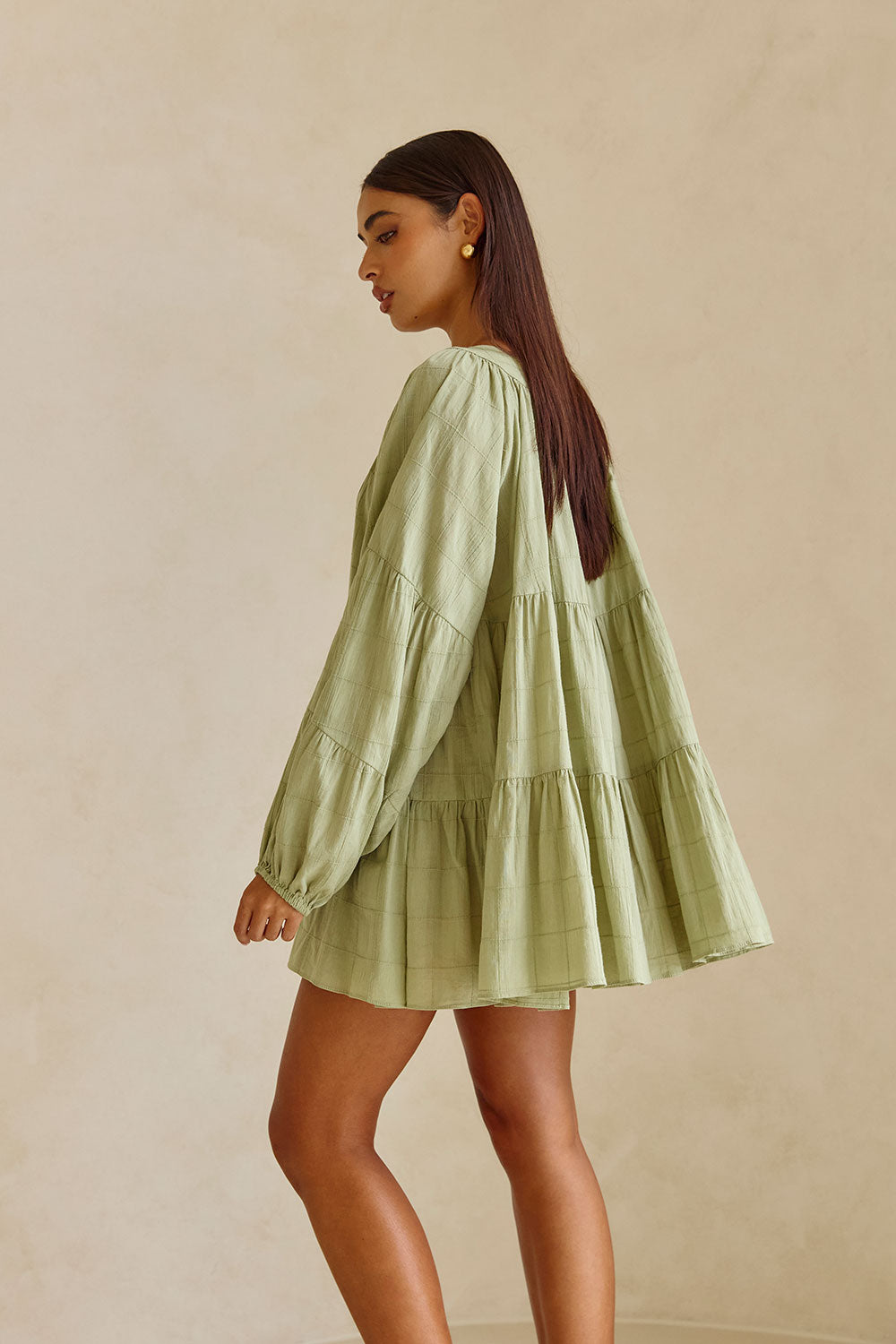 East Button Flounce Mini Dress - Green