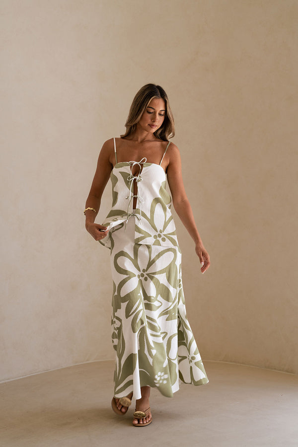 Green Paradisus Floral Print Bow Maxi Midori Dress
