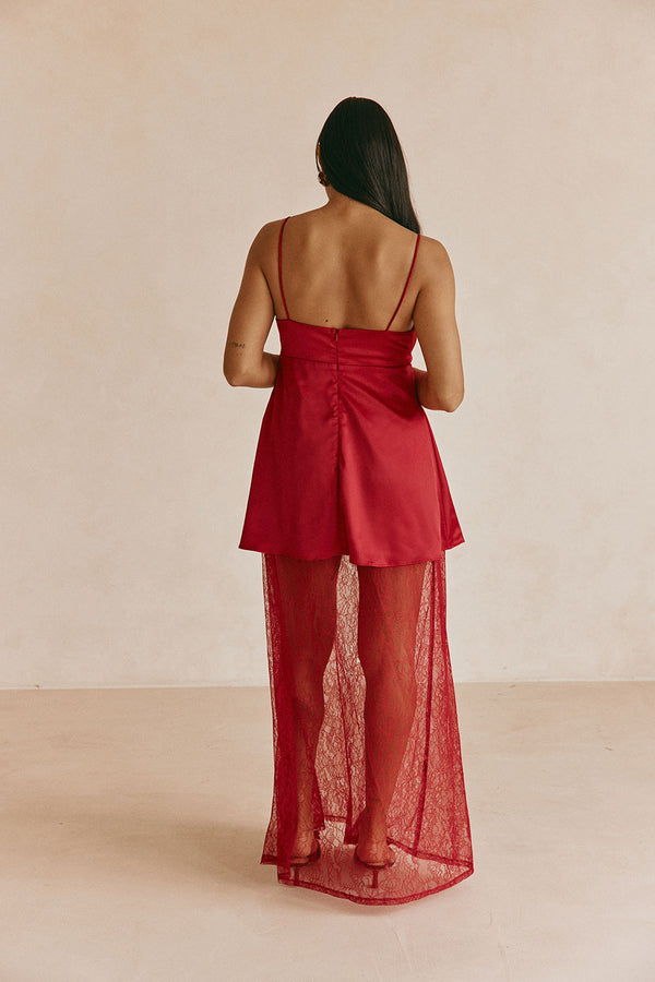 Red Silky Lace Strappy Maxi Dove Dress