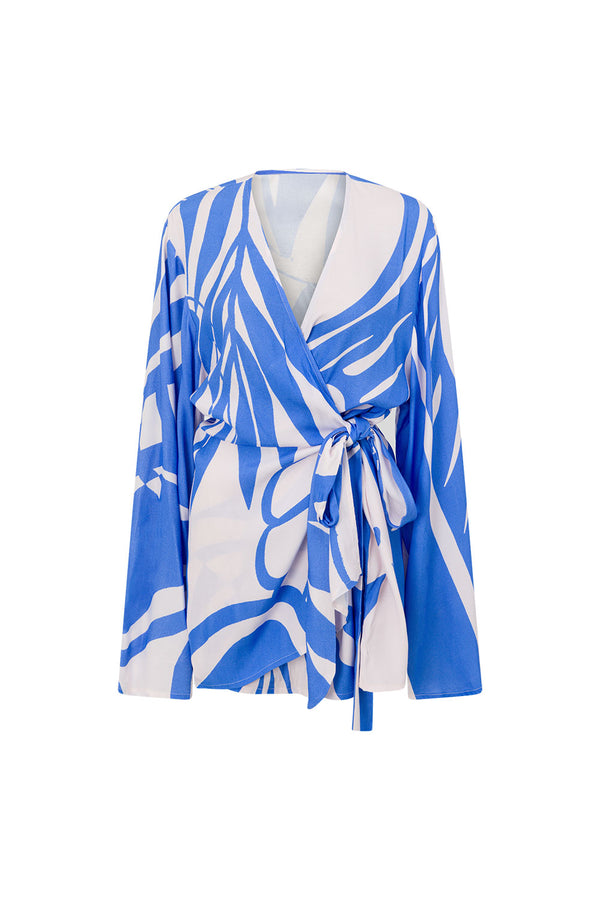 Palm Blue Print Long Sleeve Flared Wrap Mini Aleksi Dress