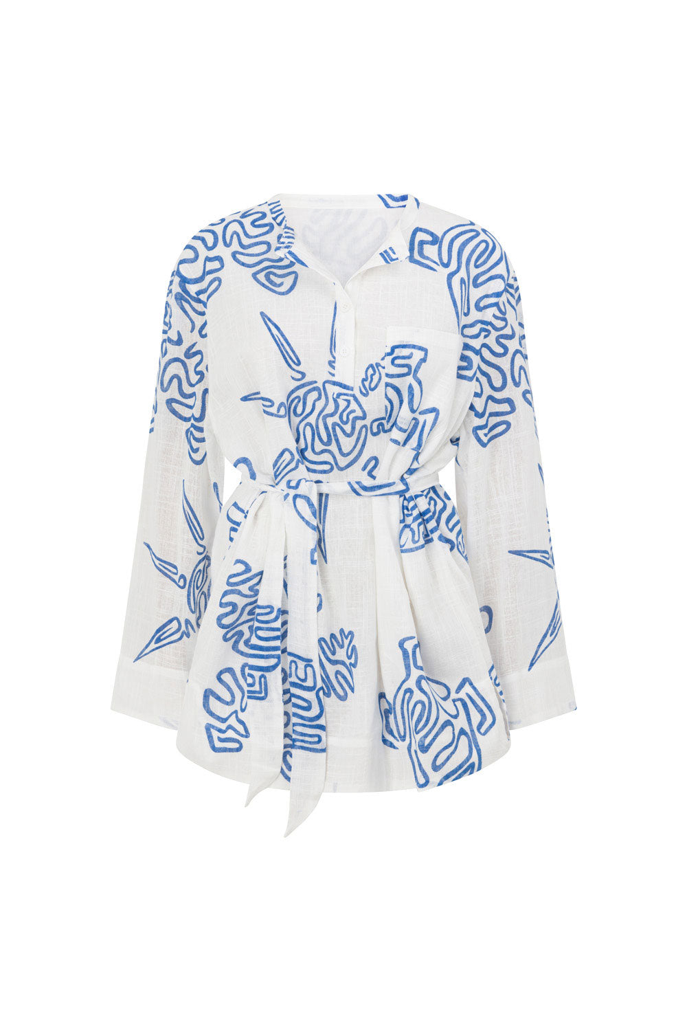 Ali Long Sleeve Tropical Mini Dress - White, Blue Evoke Print