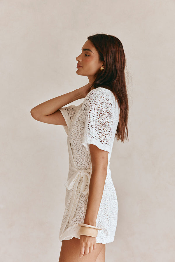 White Short Sleeve Wrap Mini Eliza Dress