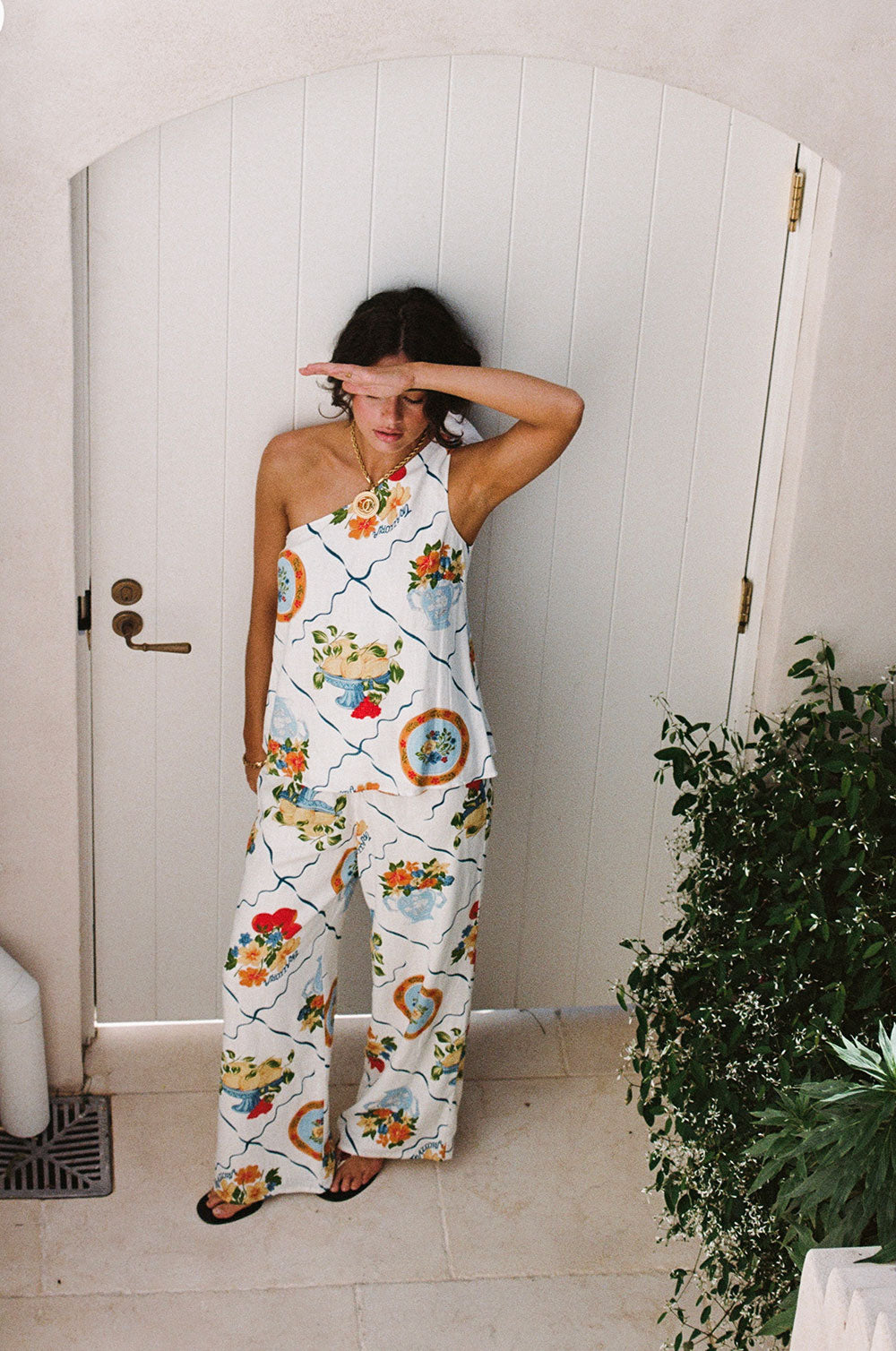 White Trattoria Print One Shoulder Tie Giuliana Top