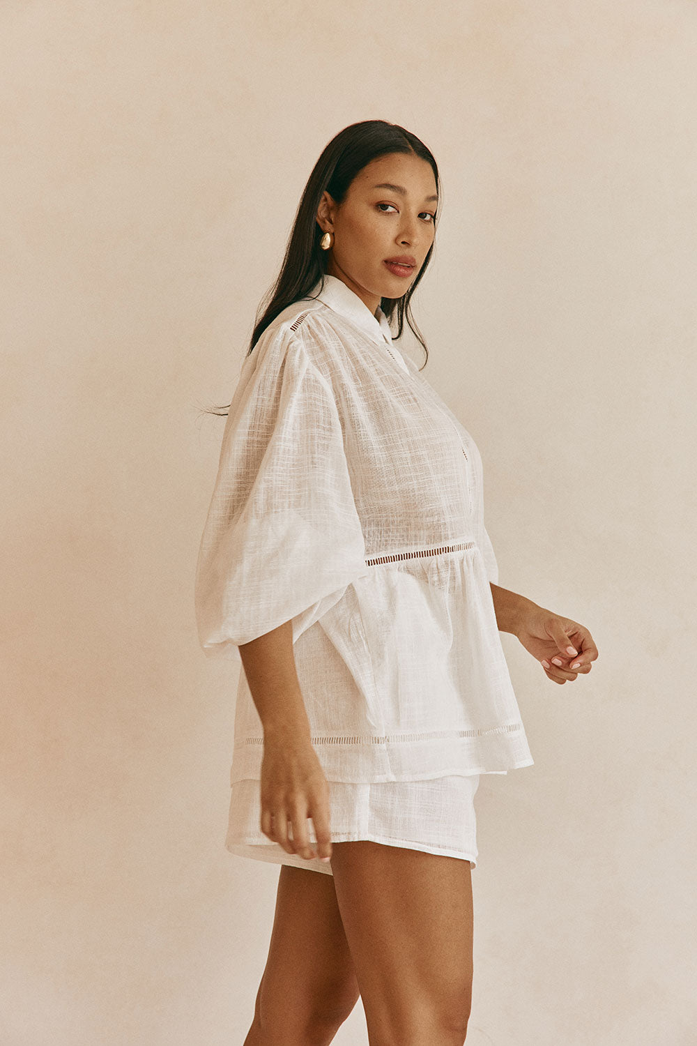 White Cheesecloth Button Up Puff Sleeve Rita Shirt