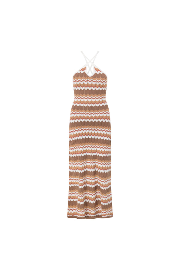 Brown and Tan Zig Zag Stripe Halter Maxi Bexley Dress