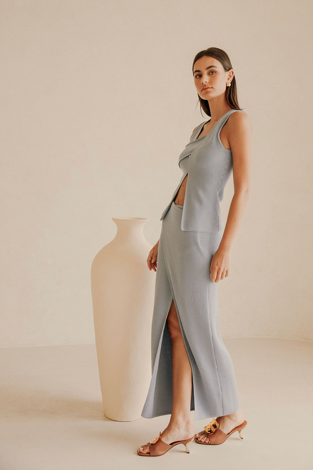 Blue Knit Asymmetric Split Bridget Top