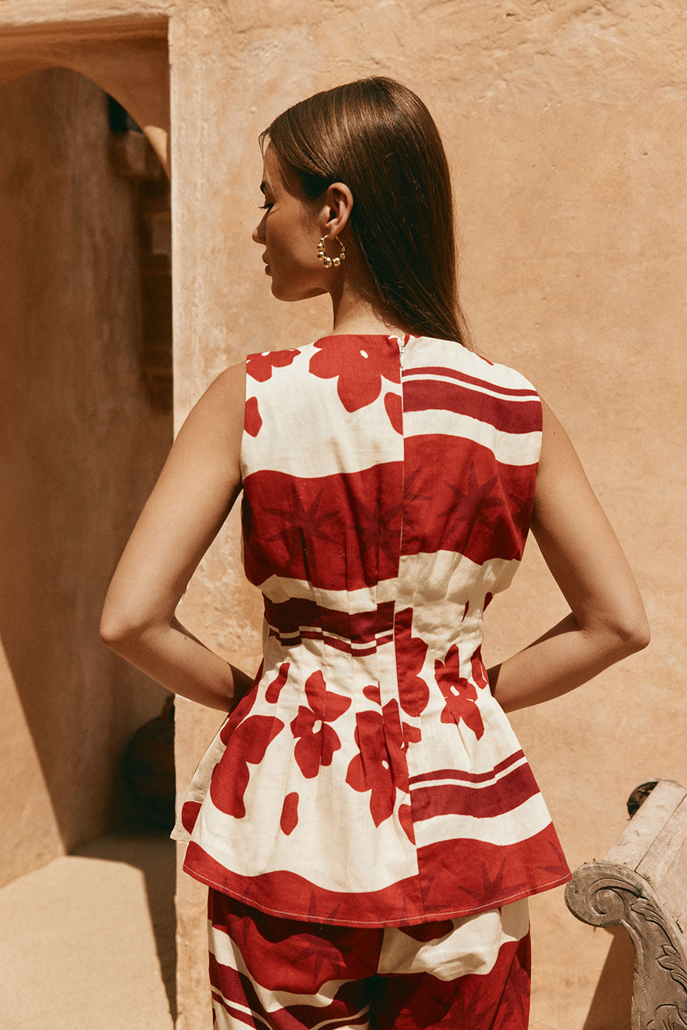 Red Sienna Sunset Print Pleated Del Mar Top