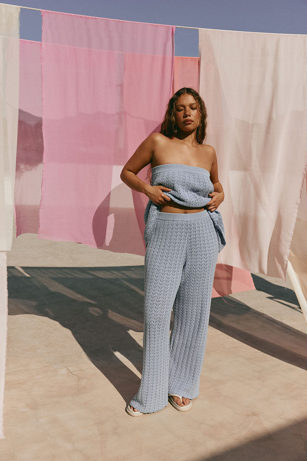 Blue Pointelle Knit High Waist Athena Pants