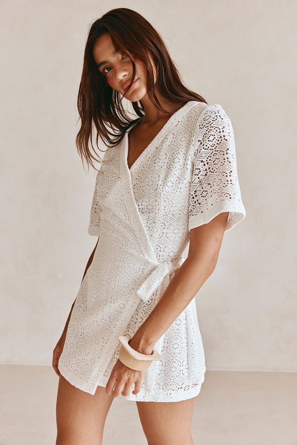 White Short Sleeve Wrap Mini Eliza Dress