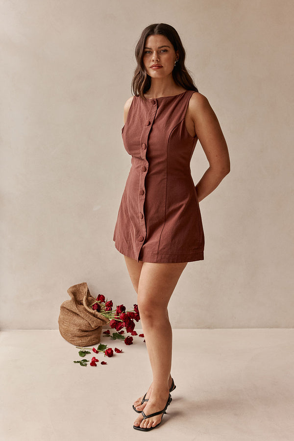 Chocolate Brown Button Flared Mini Graylee Dress