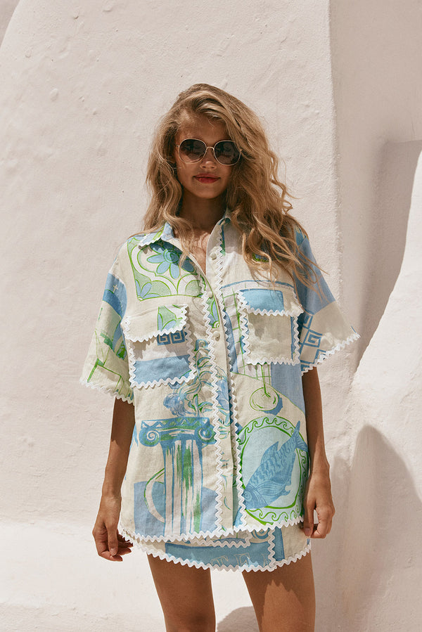 Blue Theotokos Ocean Button Up Collar Diaz Top