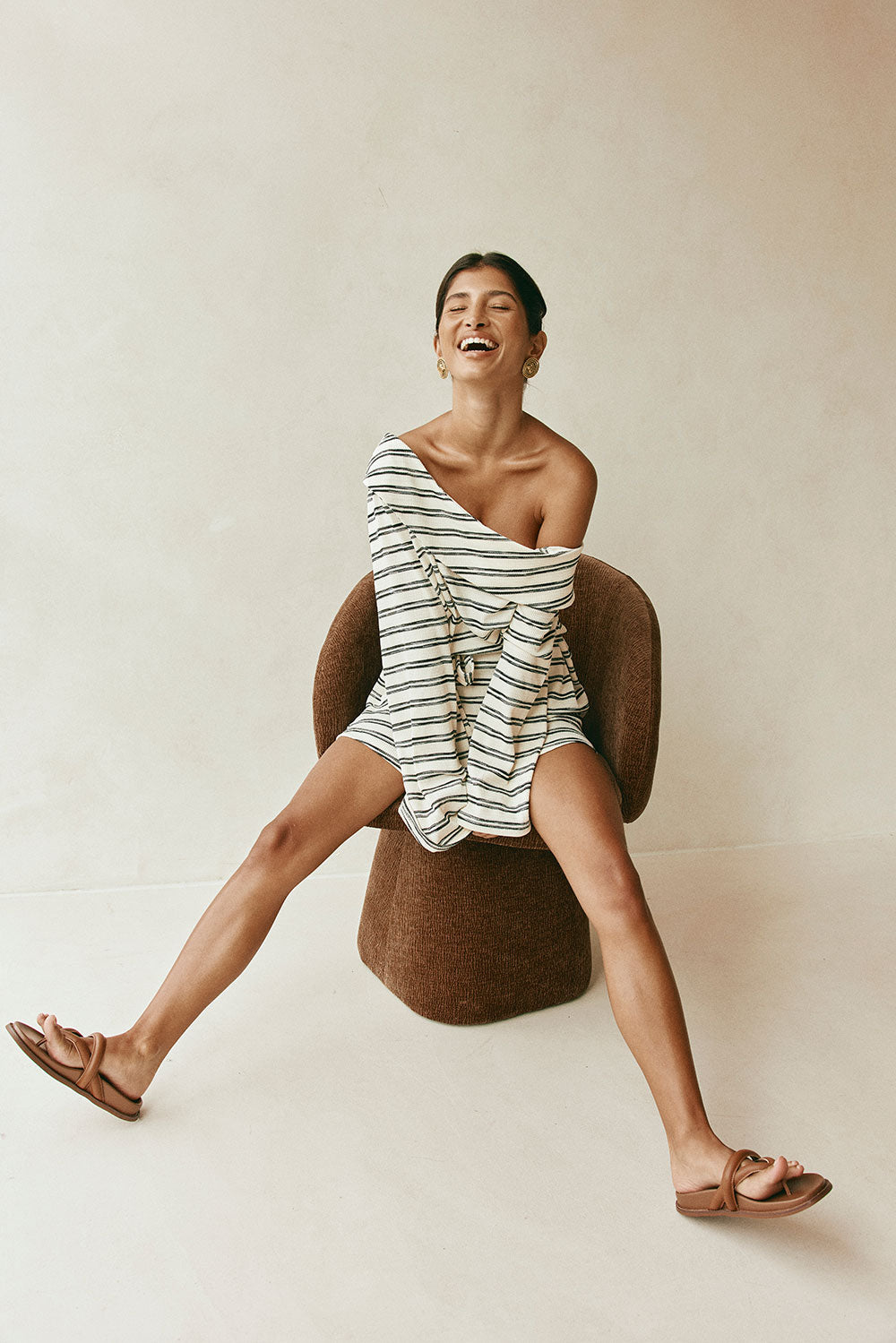 Cabana Off Shoulder Long Sleeve Mini Dress - Cream, Black Stripe