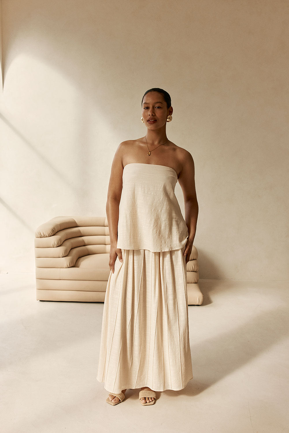 Beige Boxy Pleated Maxi Aviana Dress