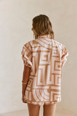 Pink Hellenic Maze Short-Sleeve Button-Up Collared Kira Top