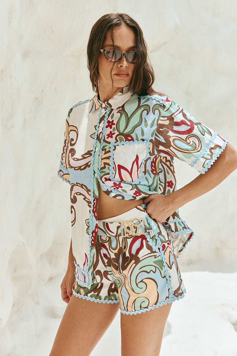 Blue Floral Paradesios Print Belt Cassia Shorts