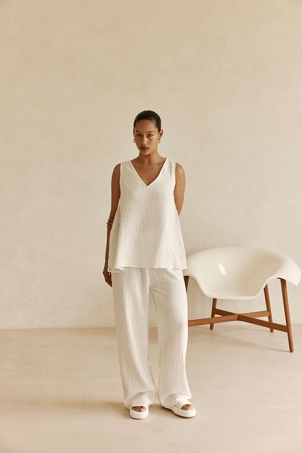 White Cotton V Neck Dita Top