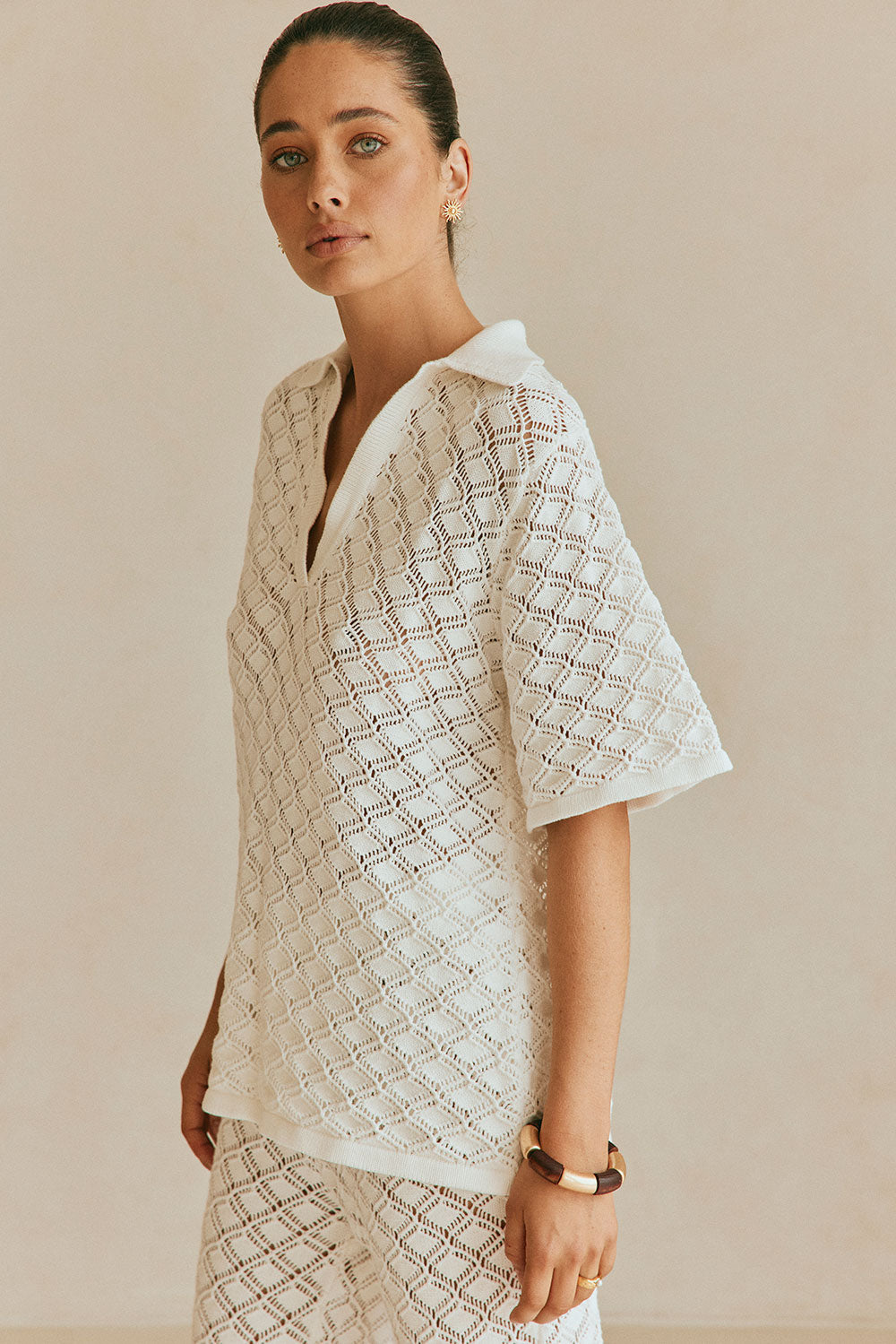 White Knit V Neck Collar Short Sleeve Aya Top