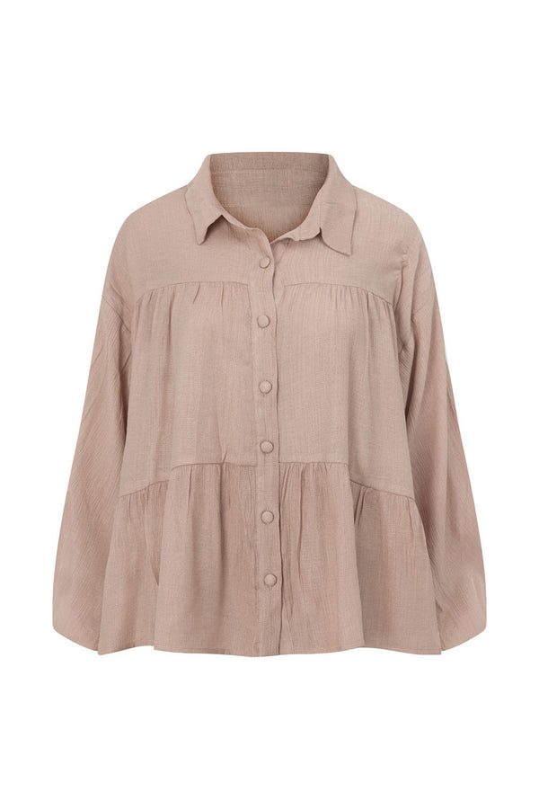 Huxley Panelled Button Up Collared Long Sleeve Top - Brown