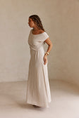 Beige Off Shoulder Ruched Maxi Juno Dress