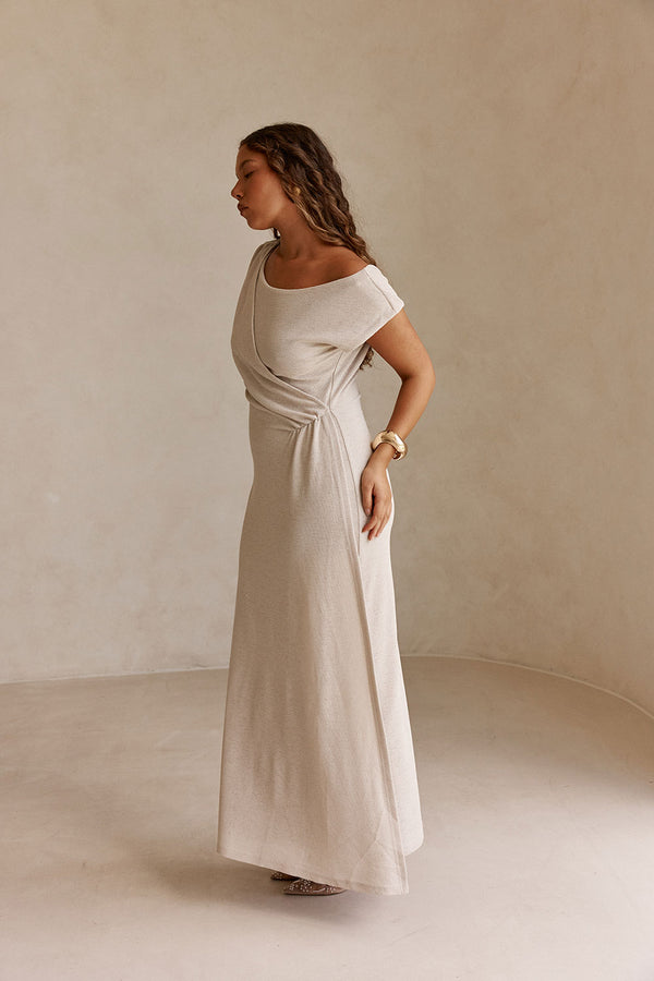 Beige Off Shoulder Ruched Maxi Juno Dress