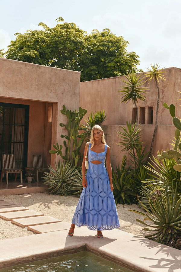 Blue Cotton Cutwork Flouncy Maxi Camilla Dress