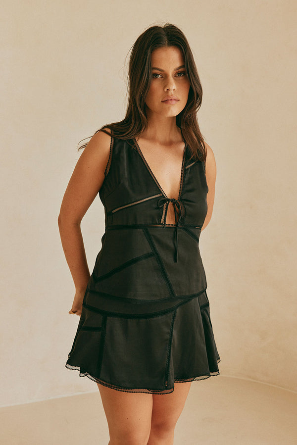 Black Silky Plunge Neck Tie Sable Top