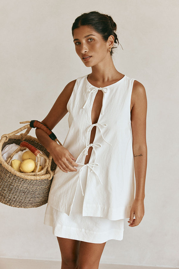 White Front Tie Overlay Mini Liliana Dress