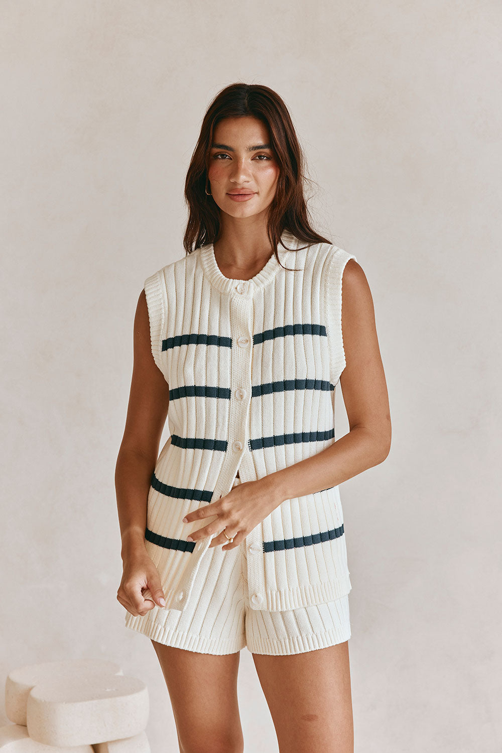 Cream and Black Stripe Knit Button Up Depp Top