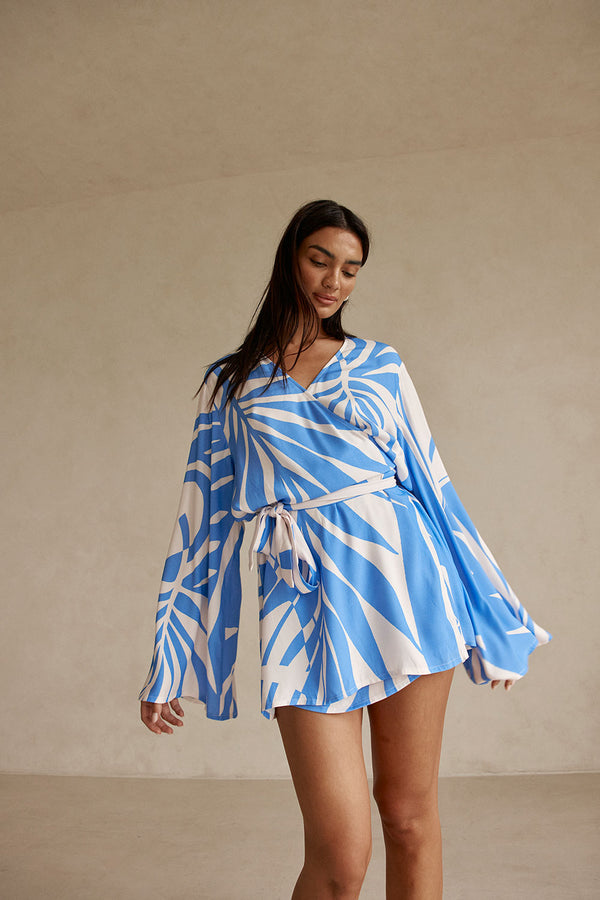 Palm Blue Print Long Sleeve Flared Wrap Mini Aleksi Dress