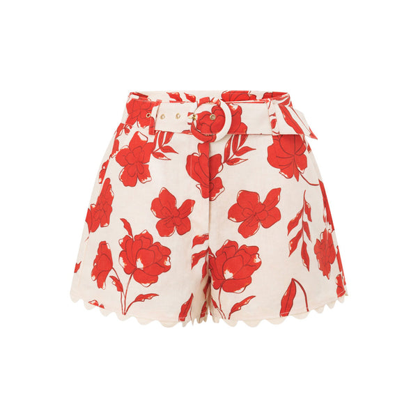 Cream Blooming Red Floral Belted Arlette Shorts