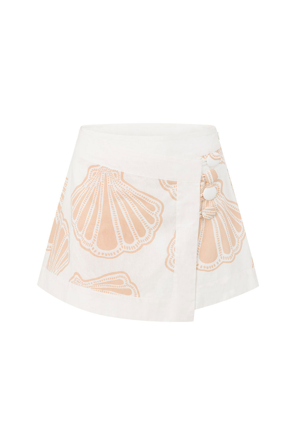 Celestia Mini Button Skirt - White, Pink Coastal Shell Print